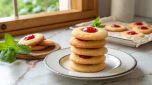 A beautifully arranged stack of golden-baked Maraschino Cherry Cookies, each with a vibrant red cherry pressed into its center and lovely red juice stains, on a minimalist white plate with a decorative silver rim. The setting is a warm-toned marble countertop with subtle wood accents and a sprig of fresh mint visible in the soft background, illuminated by natural morning light from an east window. Soft shadows create depth, emphasizing the deliciously appealing, moist texture of the cookies. (16:9 ratio)