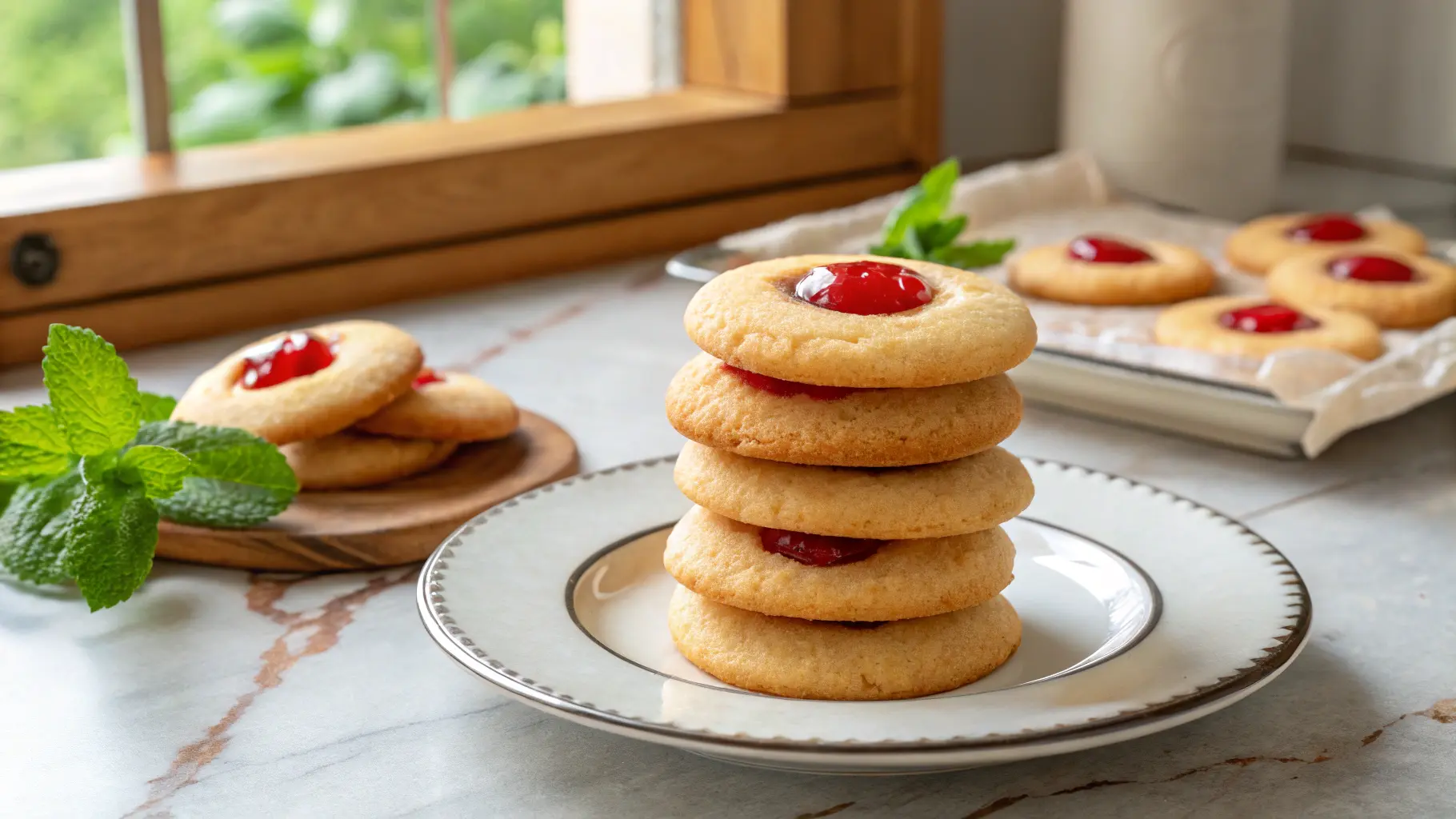 A beautifully arranged stack of golden-baked Maraschino Cherry Cookies, each with a vibrant red cherry pressed into its center and lovely red juice stains, on a minimalist white plate with a decorative silver rim. The setting is a warm-toned marble countertop with subtle wood accents and a sprig of fresh mint visible in the soft background, illuminated by natural morning light from an east window. Soft shadows create depth, emphasizing the deliciously appealing, moist texture of the cookies. (16:9 ratio)