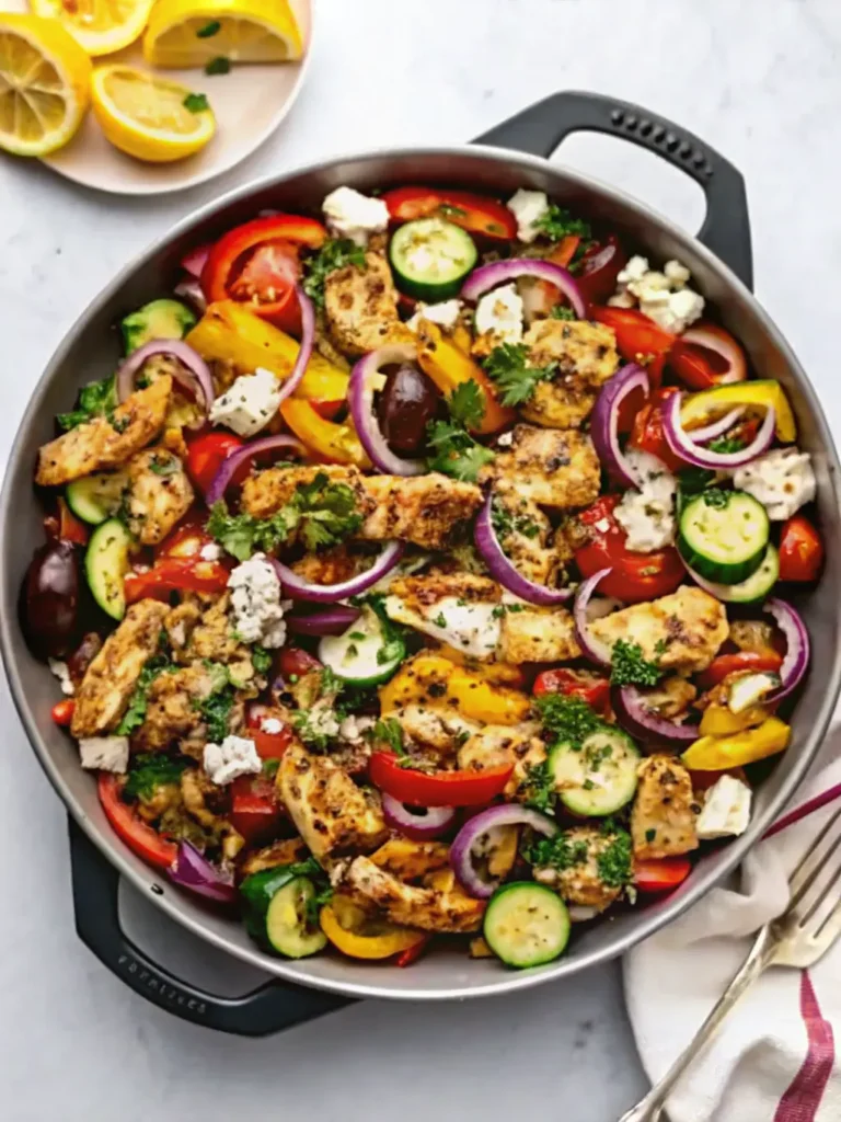 Mediterranean Chicken Stir Fry Recipe A 3:4 shot showing the prepped ingredients for Mediterranean Chicken Stir Fry on a wooden cutting board next to a minimalist ceramic bowl with marinated chicken, colorful sliced bell peppers, zucchini, red onion, Kalamata olives, and crumbled feta. Fresh parsley and a lemon are visible, all bathed in natural morning light on a marble countertop with soft shadows. NO HANDS OR PEOPLE.