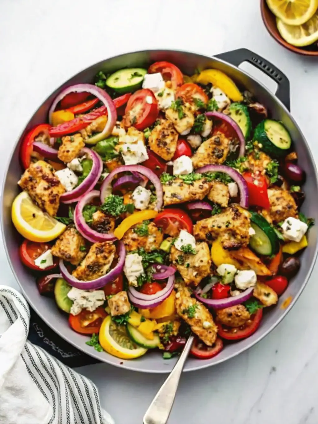 A 3:4 shot focusing on the cooking process of the Mediterranean Chicken Stir Fry, with colorful bell peppers, zucchini, and red onion sautéing in a white enamel cast-iron skillet on a stovetop (or implied stovetop surface). The vegetables are tender-crisp, and the chicken pieces are just about to be returned to the pan. Natural morning light illuminates the scene, highlighting the textures and vibrant colors. NO HANDS OR PEOPLE.