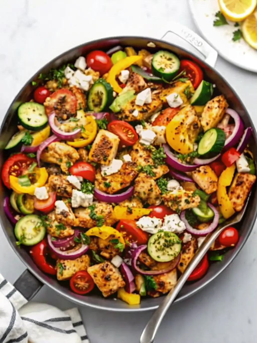 A 3:4 close-up shot of a serving of Mediterranean Chicken Stir Fry in a minimalist white ceramic bowl, showcasing the tender golden chicken, colorful bell peppers, zucchini, red onion, and Kalamata olives, generously topped with crumbled feta and fresh chopped parsley. A lemon wedge rests on the rim of the bowl. The bowl is on a marble countertop with soft, warm lighting and subtle background elements like fresh herbs. NO HANDS OR PEOPLE.