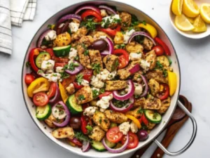 A top-down 4:3 shot of a vibrant Mediterranean Chicken Stir Fry in a white enamel cast-iron skillet, featuring golden brown chicken pieces, bright red and yellow bell pepper strips, green zucchini rounds, purple red onion slices, dark Kalamata olives, scattered white feta cheese crumbles, and fresh chopped parsley. A lemon wedge is tucked into the side of the skillet. The skillet rests on a clean marble countertop with subtle wood accents in the background, bathed in natural morning light from an east window, casting soft shadows. The overall presentation is clean, tidy, and warm-toned, emphasizing the freshness and Mediterranean colors. NO HANDS OR PEOPLE.