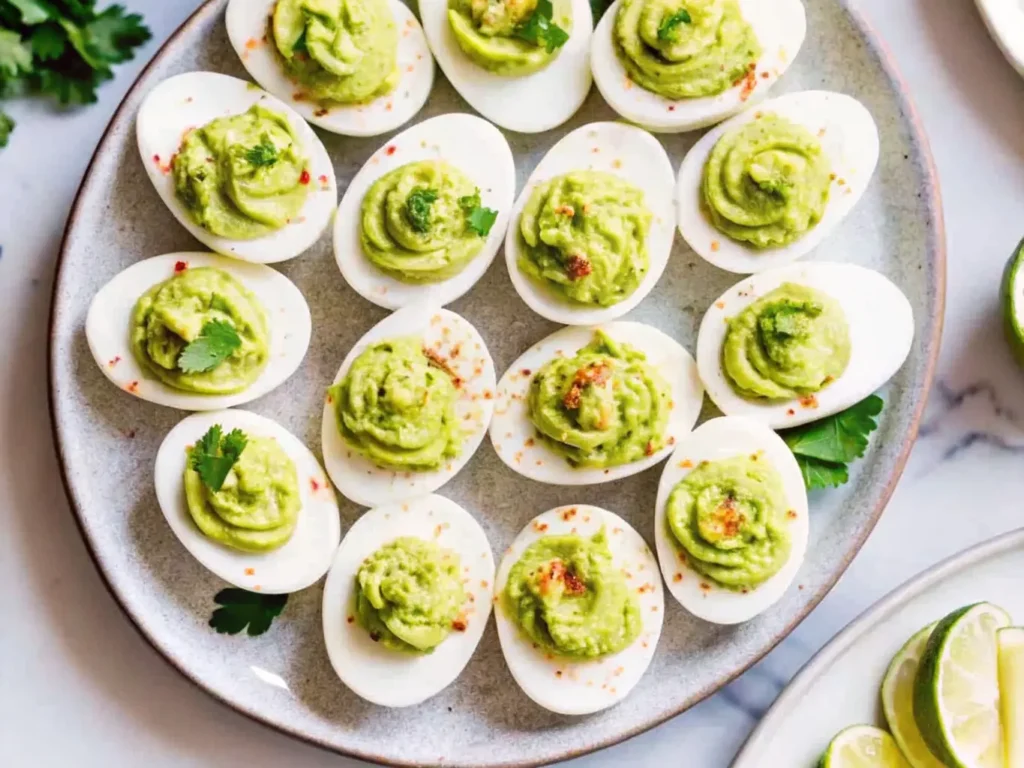 Close-up hero shot of a dozen 'Million Dollar Deviled Eggs' artfully arranged on a minimalist blue-grey ceramic plate. Each egg half features a perfectly piped, golden-yellow filling swirl, generously dusted with paprika, and garnished with finely chopped fresh chives. The scene is bathed in natural morning light from an east window, casting soft shadows on a marble countertop with subtle wood accents in the background. A small ceramic bowl of paprika is softly blurred in the background. The presentation is clean, tidy, with warm tones, embodying a genuine love for the process. 4:3 ratio. NO HANDS OR PEOPLE.