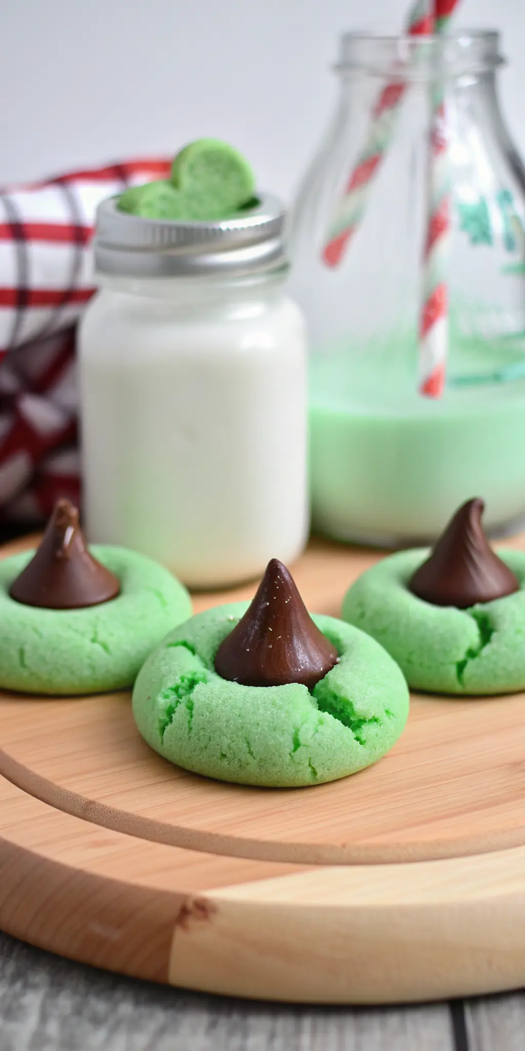 A serving of several perfectly baked and cooled Mint Chocolate Kiss Blossom Cookies, showcasing their crinkled, sugar-coated texture and the distinct milk chocolate kiss on top. They are arranged on a minimalist white plate on a wooden cutting board, with a blurred background of a glass bottle of green milk, under natural morning light. (3:4 ratio)