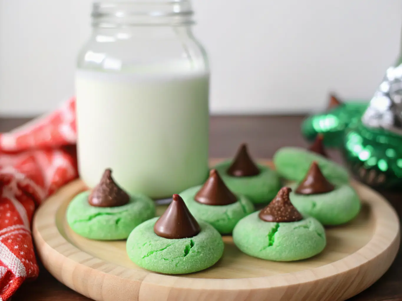 A close-up (4:3 ratio) of a cluster of vibrant green, sugar-coated Mint Chocolate Kiss Blossom Cookies on a light wooden cutting board, each topped with a perfectly set milk chocolate kiss. The cookies exhibit natural crinkles. In the soft-focus background, a clear glass bottle containing a light green liquid and a plaid kitchen towel are visible. The scene is bathed in natural morning light from an east window, with soft shadows and warm tones on marble countertops.