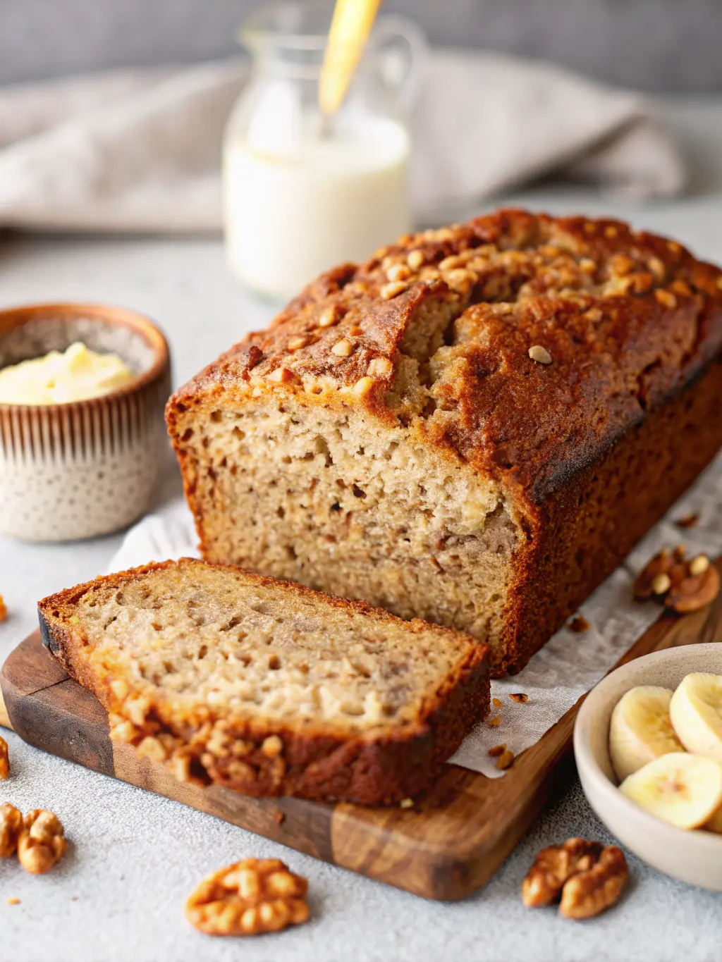 A carefully arranged flat lay of key ingredients for Vegan Banana Bread: very ripe bananas, whole walnuts, all-purpose flour in a ceramic bowl, and a small bowl of flaxseed meal. Measuring spoons are delicately placed. The items rest on a clean marble countertop with subtle wood accents, under natural morning light from an east window, creating soft shadows. 3:4 ratio. NO HANDS OR PEOPLE.