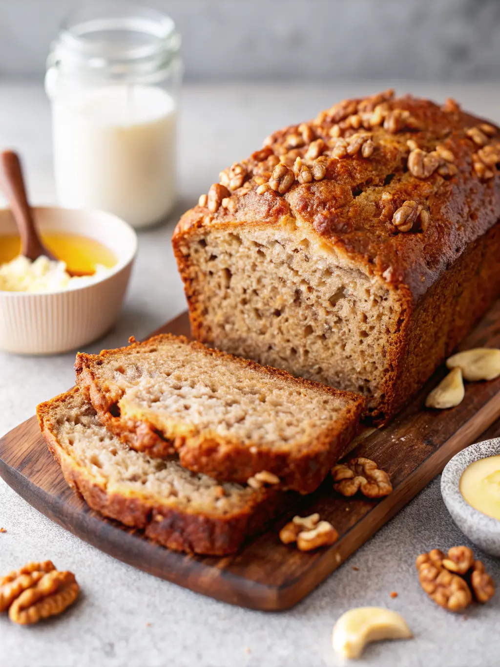A minimalist shot of the prepared Vegan Banana Bread batter in a ceramic mixing bowl, showing the consistency before baking. A wooden spatula rests beside it. The bowl sits on a wooden cutting board on a marble countertop. Natural morning light creates warm tones and soft shadows. 3:4 ratio. NO HANDS OR PEOPLE.