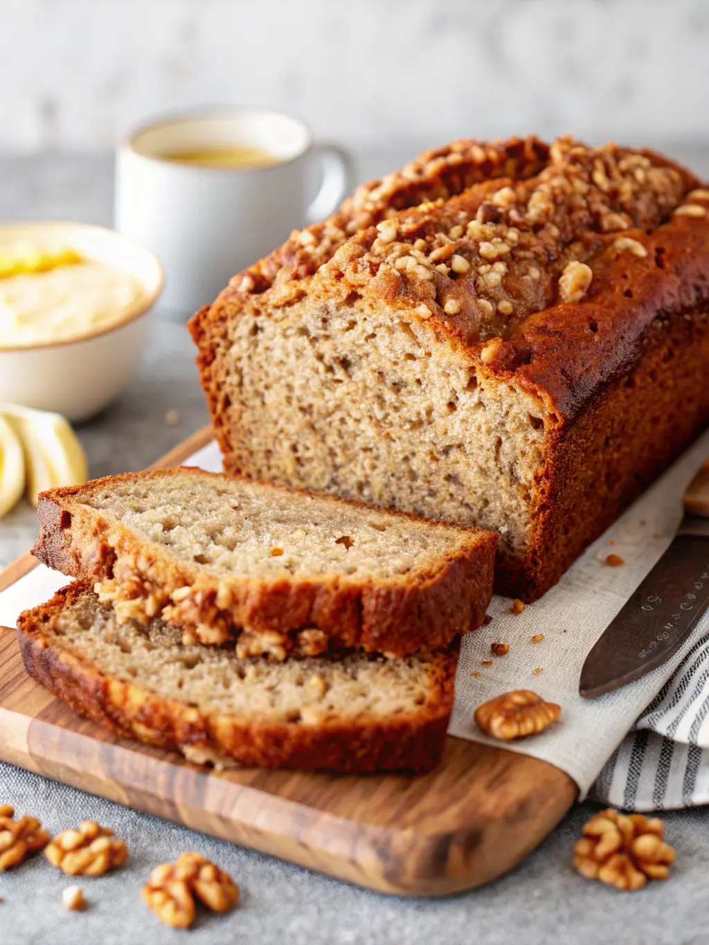 A close-up shot of a single, perfectly sliced piece of Vegan Banana Bread, resting on a small, minimalist white ceramic plate. The slice showcases the moist, tender crumb and visible pieces of banana and walnuts. In the background, a ceramic bowl of vegan butter is softly blurred. The setting is a marble countertop with wood accents, bathed in warm, natural morning light, emphasizing texture. 3:4 ratio. NO HANDS OR PEOPLE.
