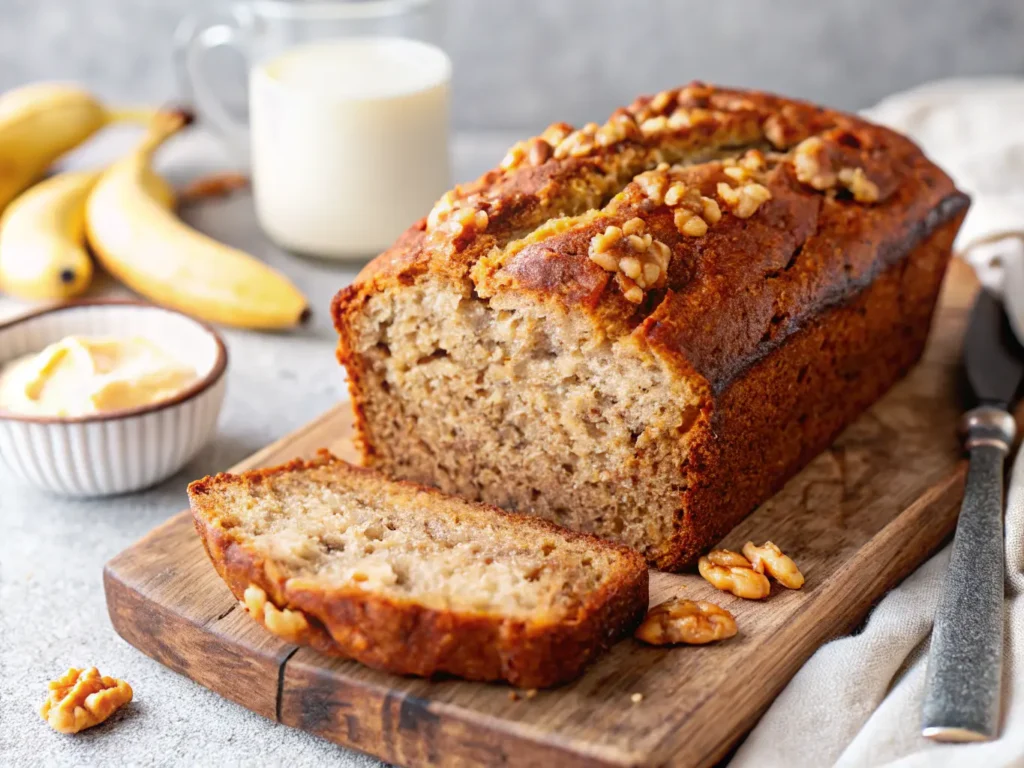 A beautifully golden-brown loaf of Vegan Banana Bread, generously topped with whole walnuts, on a rustic wooden cutting board. Two thick slices are cut from the loaf, revealing a perfectly moist, speckled crumb. A small, minimalist ceramic bowl of vegan butter and a glass jar of plant milk are softly blurred in the background, along with subtle fresh herbs. The scene is set on a marble countertop with warm tones, bathed in natural morning light from an east window, casting soft shadows. 4:3 ratio. NO HANDS OR PEOPLE.