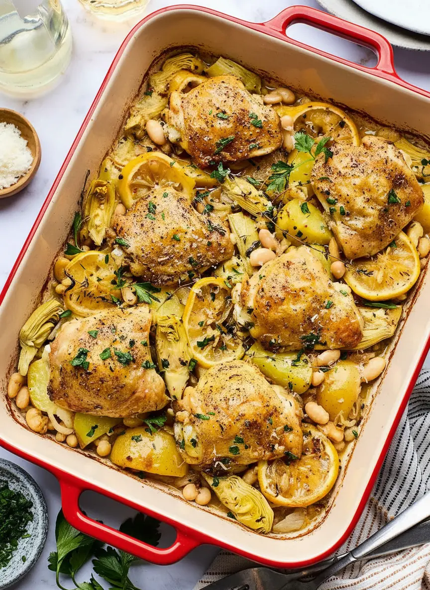 A close-up of a wooden cutting board laden with fresh ingredients for Oven-Roasted Chicken: raw chicken thighs, halved baby potatoes, a bowl of rinsed cannellini beans, quartered artichoke hearts, thinly sliced lemon, chopped onion, and minced garlic. Olive oil, dried oregano, paprika, salt, and pepper shakers are neatly arranged. All on a white marble countertop with natural morning light, soft shadows, and fresh herbs in a ceramic bowl in the background. NO HANDS OR PEOPLE.