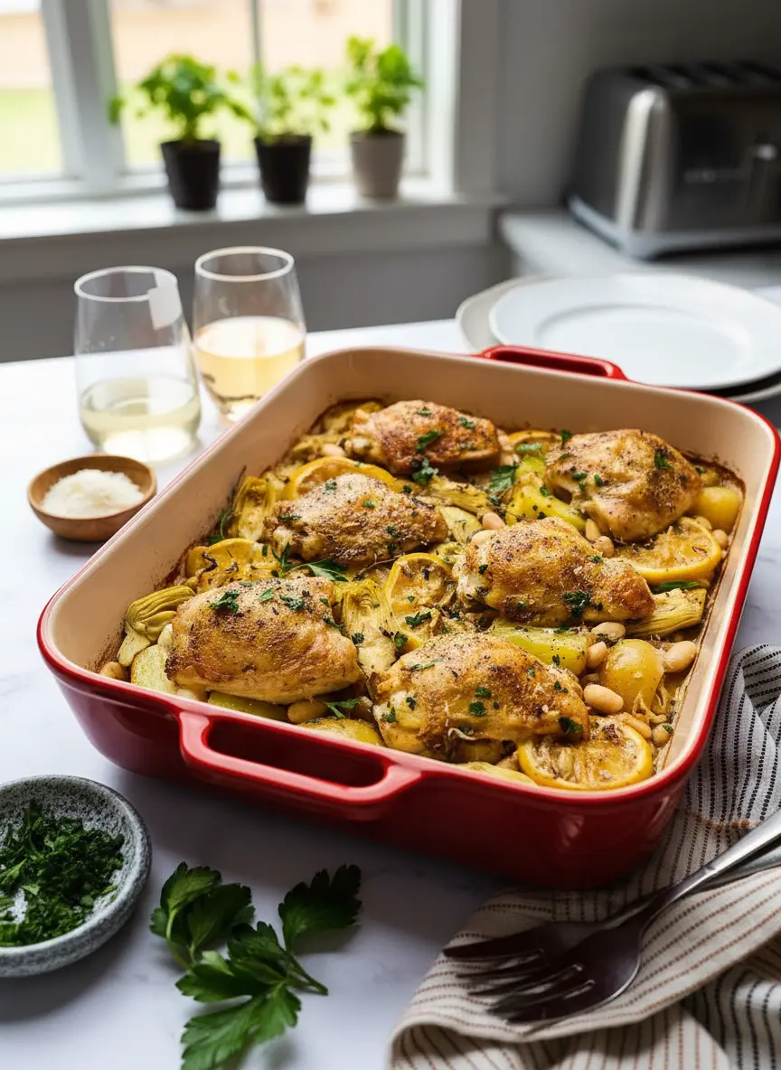 An eye-level shot of the seasoned chicken, potatoes, beans, artichokes, and lemon slices evenly spread in a single layer within the white enamel baking dish with a blue rim, just before going into the oven. The textures and colors of the raw seasoned ingredients are clearly visible. The dish sits on a white marble countertop under natural morning light. NO HANDS OR PEOPLE.