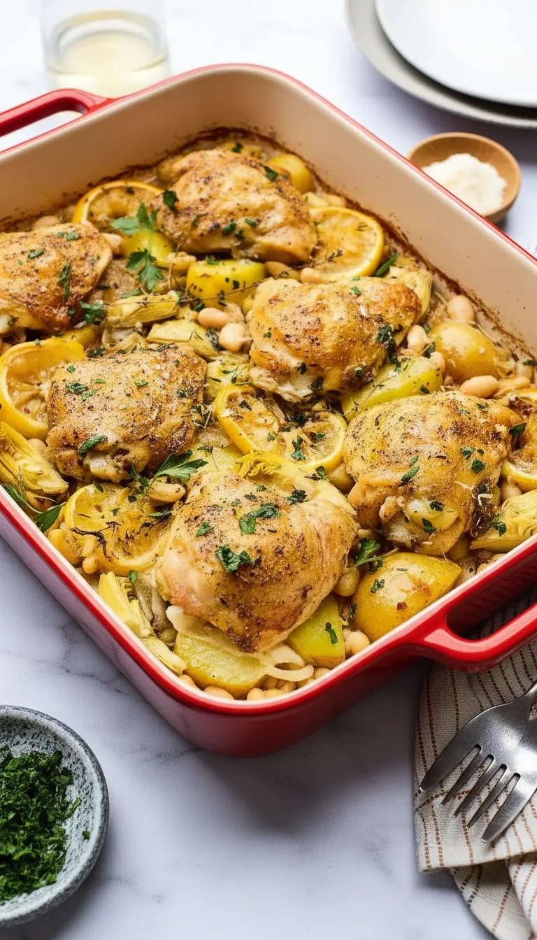 A tight shot showcasing the crispy, golden-brown skin of an Oven-Roasted Chicken thigh, with a slice of roasted lemon and a spoonful of tender white beans and potatoes next to it, inside the white enamel baking dish. Fresh parsley garnish is prominent, highlighting the texture and juiciness. Soft morning light, marble countertop, subtle wood accent. NO HANDS OR PEOPLE.