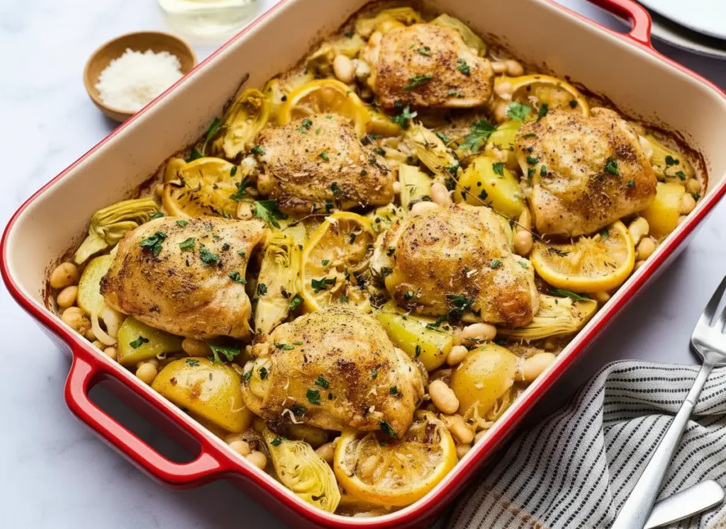 Top-down view of a rustic white enamel baking dish with a blue rim, filled with perfectly golden-brown Oven-Roasted Chicken thighs, glistening lemon slices, tender roasted baby potatoes, creamy white beans, and quartered artichoke hearts. Garnished generously with fresh chopped parsley and a light dusting of grated Parmesan. The dish is placed on a white marble countertop with a subtle wood accent peeking, bathed in natural morning light from an east window, casting soft shadows. A small ceramic bowl of fresh herbs and a glass of white wine are subtly blurred in the background. Clean, tidy, and warm tones. NO HANDS OR PEOPLE.