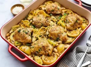Top-down view of a rustic white enamel baking dish with a blue rim, filled with perfectly golden-brown Oven-Roasted Chicken thighs, glistening lemon slices, tender roasted baby potatoes, creamy white beans, and quartered artichoke hearts. Garnished generously with fresh chopped parsley and a light dusting of grated Parmesan. The dish is placed on a white marble countertop with a subtle wood accent peeking, bathed in natural morning light from an east window, casting soft shadows. A small ceramic bowl of fresh herbs and a glass of white wine are subtly blurred in the background. Clean, tidy, and warm tones. NO HANDS OR PEOPLE.