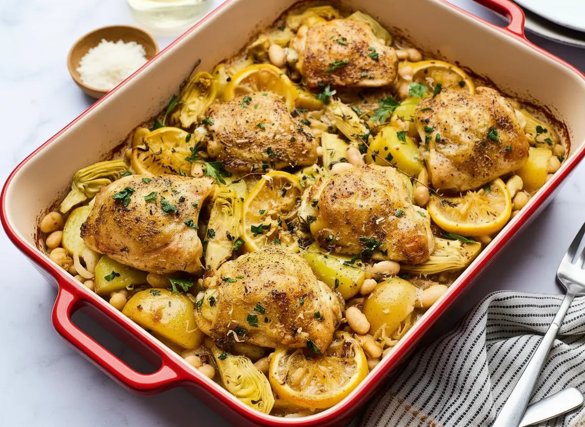 Top-down view of a rustic white enamel baking dish with a blue rim, filled with perfectly golden-brown Oven-Roasted Chicken thighs, glistening lemon slices, tender roasted baby potatoes, creamy white beans, and quartered artichoke hearts. Garnished generously with fresh chopped parsley and a light dusting of grated Parmesan. The dish is placed on a white marble countertop with a subtle wood accent peeking, bathed in natural morning light from an east window, casting soft shadows. A small ceramic bowl of fresh herbs and a glass of white wine are subtly blurred in the background. Clean, tidy, and warm tones. NO HANDS OR PEOPLE.
