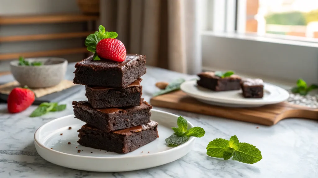A beautifully composed 16:9 shot of a stack of rich, fudgy paleo chocolate brownies on a minimalist white plate, each topped with a vibrant red strawberry heart. The plate sits on marble countertops with subtle wood accents in the background, bathed in soft natural morning light from an east window. Fresh mint sprigs are artfully placed, adding a pop of green, with soft shadows and warm tones creating a cozy, inviting atmosphere. No hands are visible.