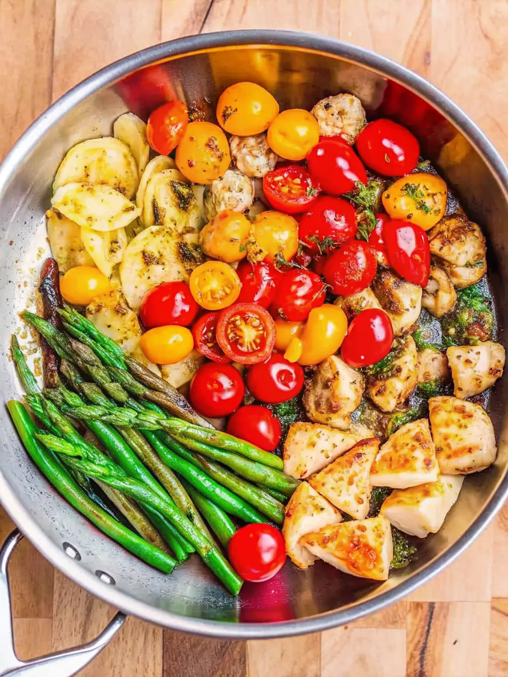 A visually appealing arrangement of fresh, raw ingredients for Pesto Chicken Tortellini and Veggies on a rustic wooden cutting board: plump chicken breast, vibrant green asparagus spears, a colorful mix of red and yellow cherry tomatoes, and a jar or bowl of basil pesto. The scene is set on a marble countertop, bathed in natural morning light from an east window, with soft shadows and a warm, clean aesthetic. Fresh herbs are visible in the background. (3:4 ratio)