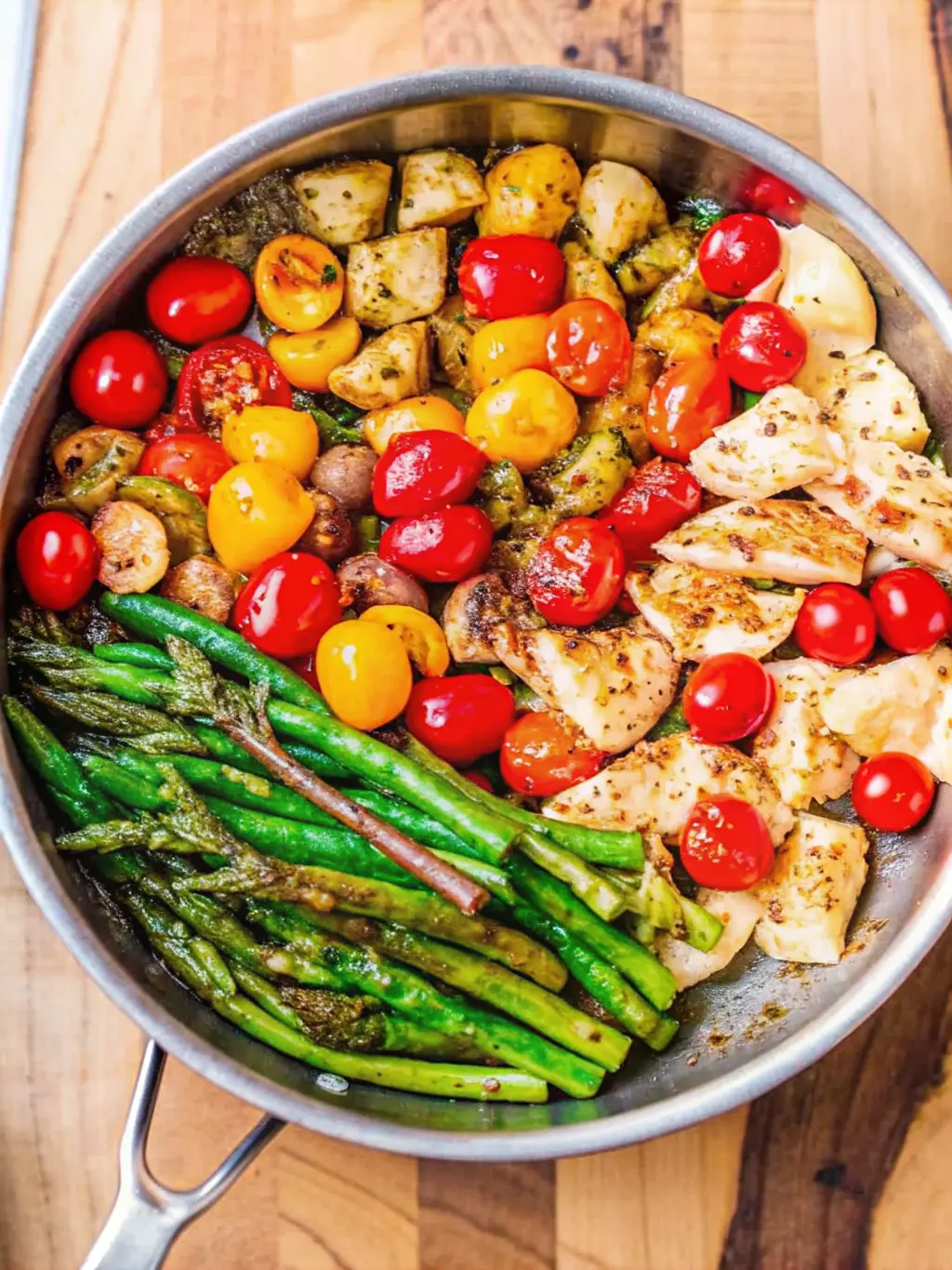 A close-up of the cooking process for Pesto Chicken Tortellini and Veggies in a stainless steel skillet on a subtle stovetop (background blurred). Focus on the tender chicken pieces, crisp-tender asparagus, and beginning-to-burst red and yellow cherry tomatoes, all beginning to mingle. The ingredients show a light sear and some natural cooking juices. The lighting is natural morning light, creating warm tones and soft shadows. (3:4 ratio)