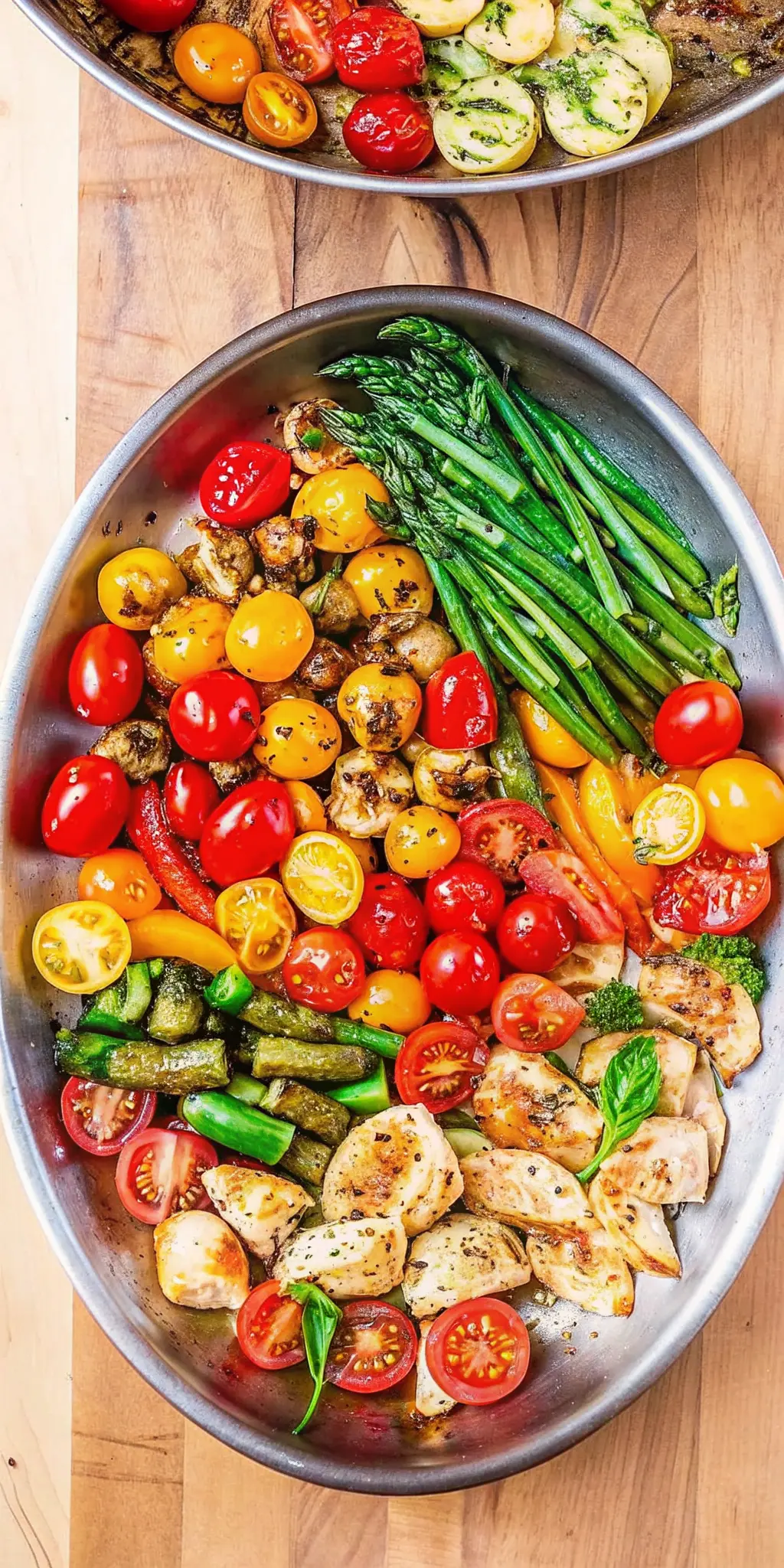 A beautifully composed close-up of a serving of Pesto Chicken Tortellini and Veggies, showcasing the texture of pesto-coated cheese tortellini, the vibrant green of asparagus, and the juicy pop of red and yellow cherry tomatoes, interspersed with tender chicken pieces. The portion is in a minimalist white ceramic bowl, placed on a wooden accent piece on a marble countertop, under soft natural morning light. Fresh herbs garnish the dish, and the overall presentation is clean and inviting. (3:4 ratio)