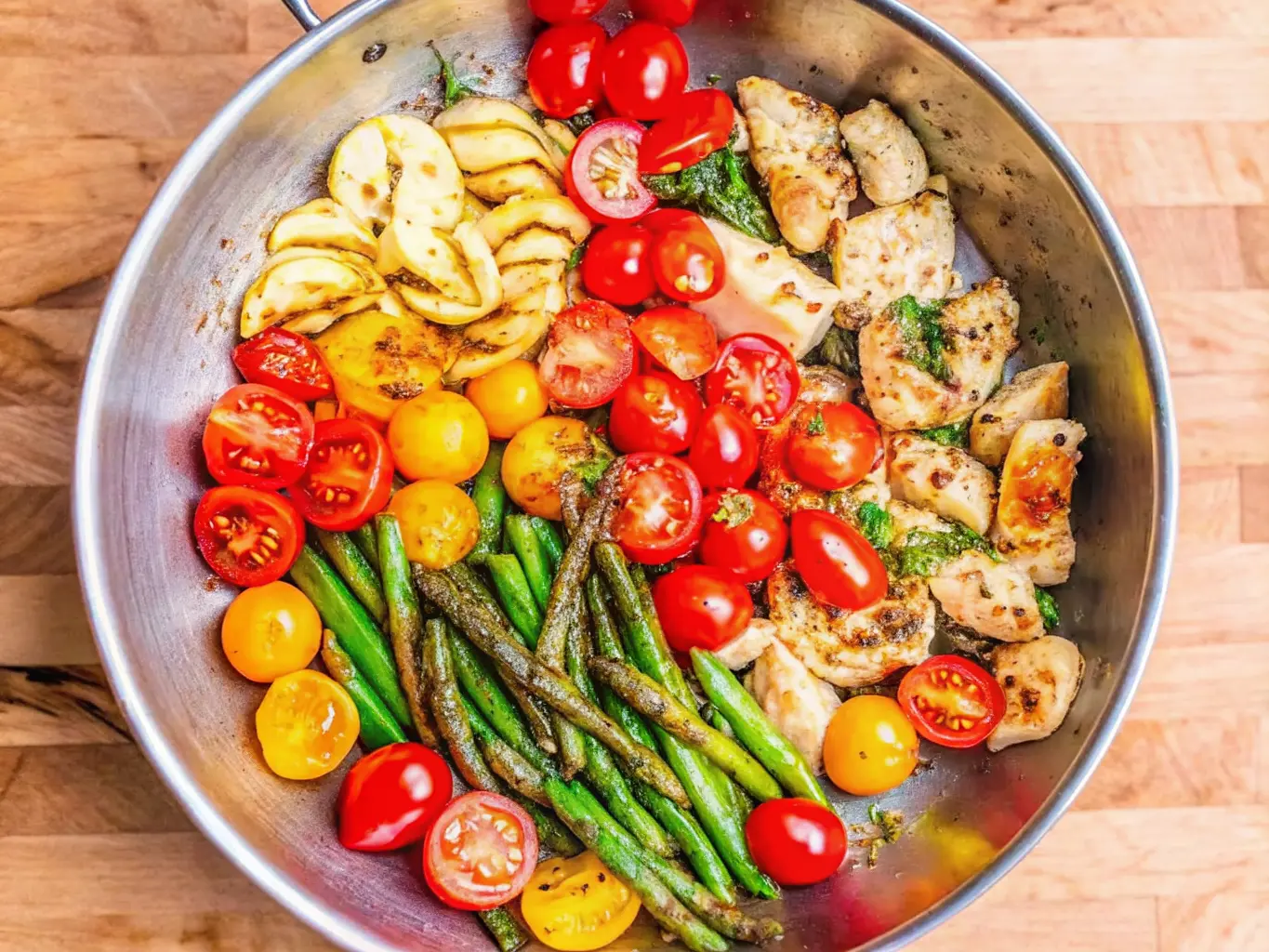 A top-down shot of a stainless steel skillet filled with vibrant Pesto Chicken Tortellini and Veggies, featuring distinct sections of pesto-coated tortellini, bright green asparagus spears, and a mix of halved red and whole yellow cherry tomatoes alongside tender chicken pieces. The dish is arranged artfully, showing a subtle sheen from the sauce. The skillet rests on a wooden cutting board on a marble countertop, illuminated by natural morning light from an east window, with soft shadows and warm tones. Fresh herbs are subtly visible in the clean, tidy background. (4:3 ratio)