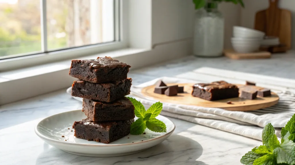 A beautifully composed 16:9 hero shot of a stack of fudgy protein brownies on a minimalist white plate, adorned with a sprig of fresh mint. The scene is bathed in natural morning light from an east window, highlighting the marble countertops with subtle wood accents in the background. Soft shadows play across the scene, creating a warm, inviting atmosphere with a clean and tidy presentation, emphasizing the rich, dense texture of the brownies. NO HANDS.