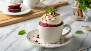 A beautifully plated, single-serving Red Velvet Mug Cake topped with a generous swirl of white cream cheese frosting, garnished with a tiny sprig of fresh mint or a few red sprinkles. The mug sits on a small, minimalist white plate on marble countertops with subtle wood accents. Natural morning light casts soft shadows. Fresh herbs are visible in the soft-focus background, and the overall scene is clean and tidy with warm tones.