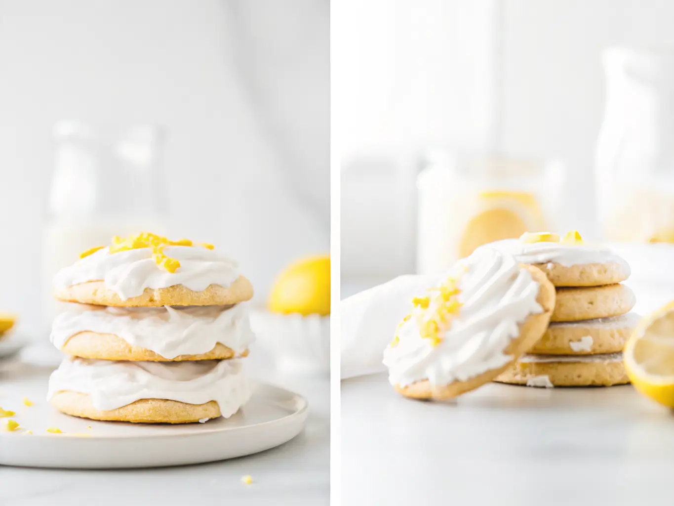 A stack of soft-baked vegan lemon cookies with thick, white, creamy lemon frosting and bright yellow lemon zest. One cookie is prominently in the foreground, showcasing its texture and zest. The cookies are on a clean white marble countertop with soft natural morning light from an east window, minimal white plates, and a hint of fresh herbs in the background. Warm tones, clean and tidy presentation. 4:3 ratio. NO HANDS.