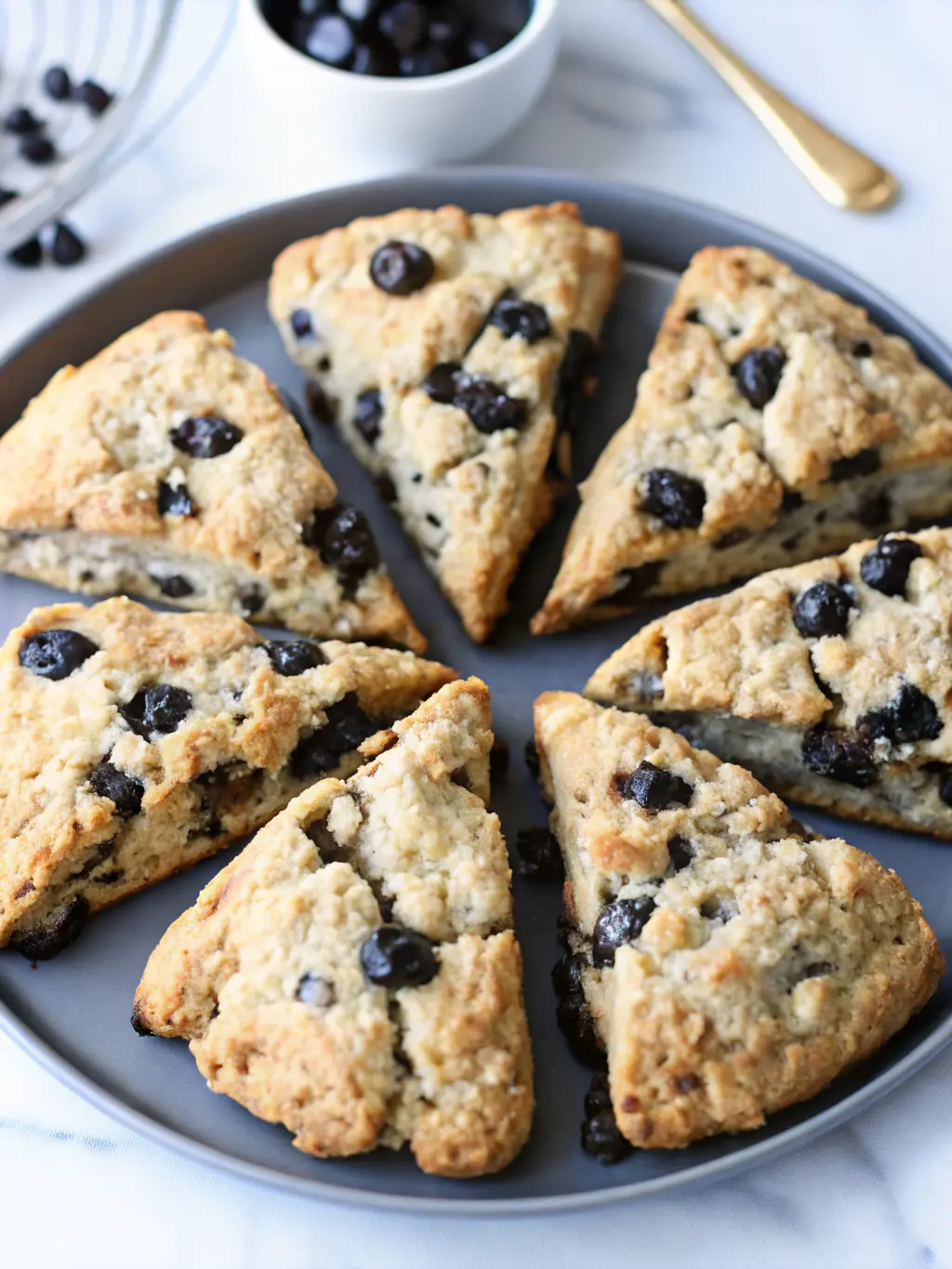 A close-up (3:4 ratio) of Sourdough Chocolate Chip Scone dough being gently patted into a round disc on the same wooden cutting board, with visible dark chocolate chunks peeking through the shaggy, tender dough. Natural morning light highlights the texture of the dough and the glistening chocolate. The marble countertop is visible in the background.