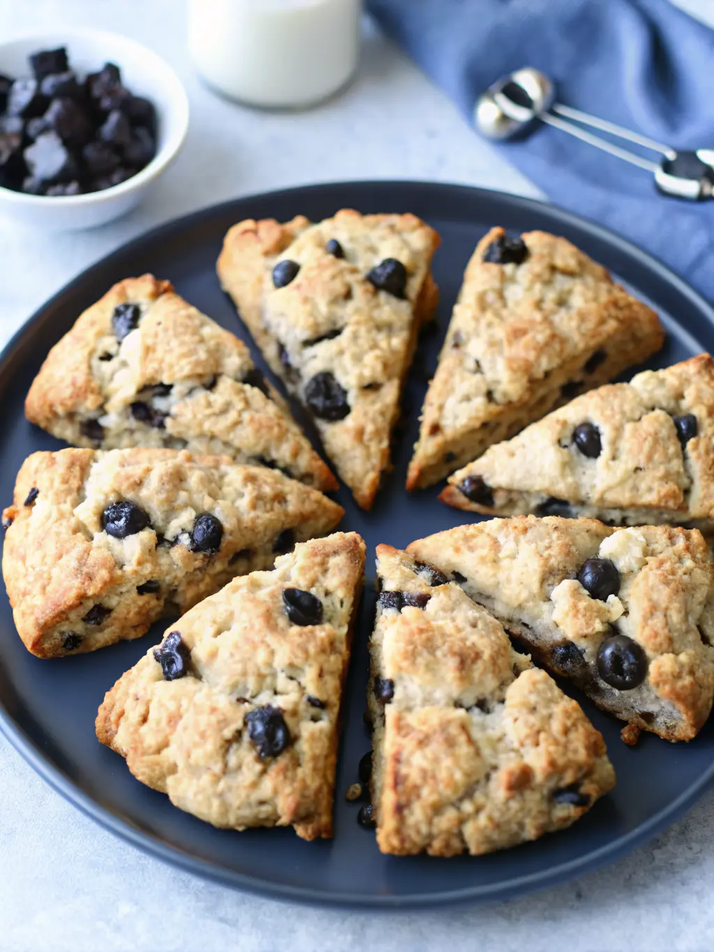 A single Sourdough Chocolate Chip Scone, halved to reveal its flaky, tender crumb and generous melted dark chocolate pockets within, resting on a minimalist white ceramic plate. A few additional whole chocolate chunks are scattered around it. The plate is on a marble countertop with soft, warm natural light and delicate shadows.