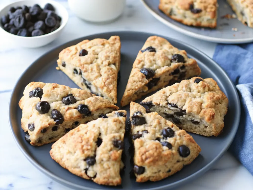 A hero shot (4:3) of golden brown, triangular Sourdough Chocolate Chip Scones arranged in a circular pattern on a dark grey ceramic plate. The scones are generously studded with dark chocolate chunks, some melted, some whole, and lightly sprinkled with coarse turbinado sugar. In the background, out of focus, a small white ceramic bowl overflowing with dark chocolate chunks and a neatly folded white linen cloth rest on a marble countertop. The scene is bathed in soft, warm natural morning light from an east window, casting subtle shadows. The overall presentation is clean, tidy, and exudes warmth, with wood accents subtly visible in the background.
