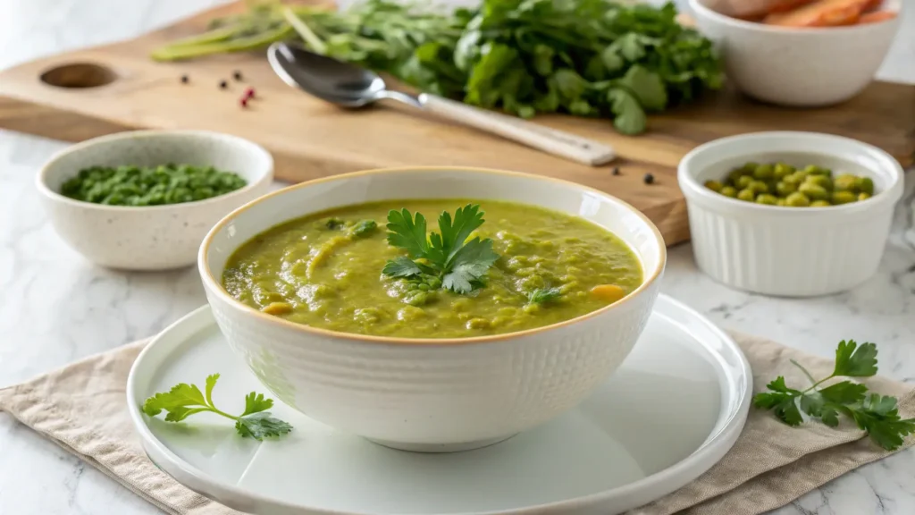 A beautifully plated, steaming bowl of Split Pea Soup Recipe, rich green color, garnished with a sprig of fresh parsley, positioned on a minimalist white plate on a light marble countertop. A wooden cutting board and fresh herbs in ceramic bowls are subtly in the soft-shadowed background. Natural morning light from an east window creates warm tones, emphasizing the soup's delicious appeal. No hands.