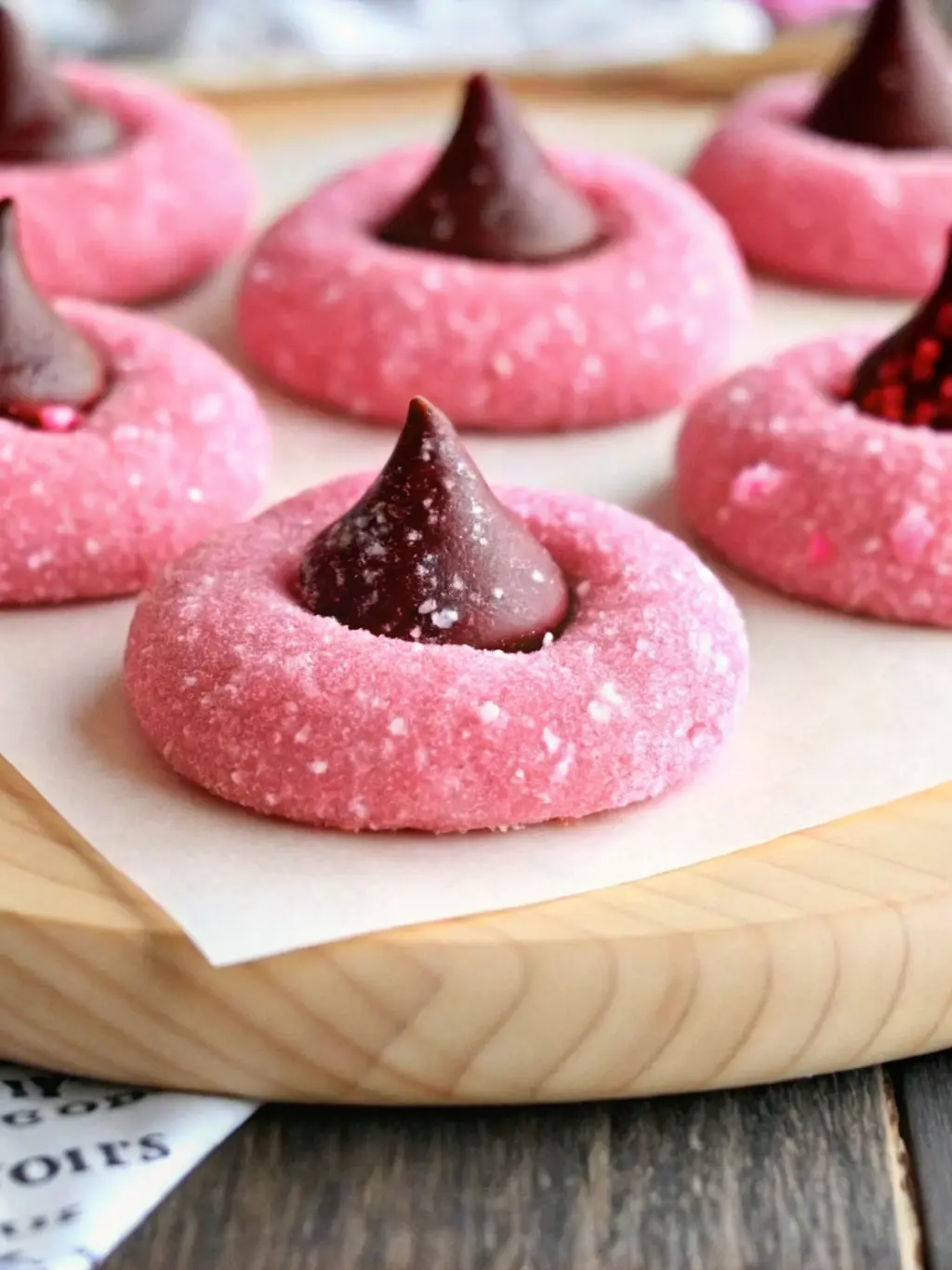 A close-up shot of a round, pink Strawberry Kiss Cookie dough ball being gently rolled in a shallow bowl of granulated sugar, creating a fine, sparkly coating. The cookie is on white parchment paper on the iconic wooden cutting board, with natural light highlighting the sugary texture. (3:4 ratio) NO HANDS OR PEOPLE.