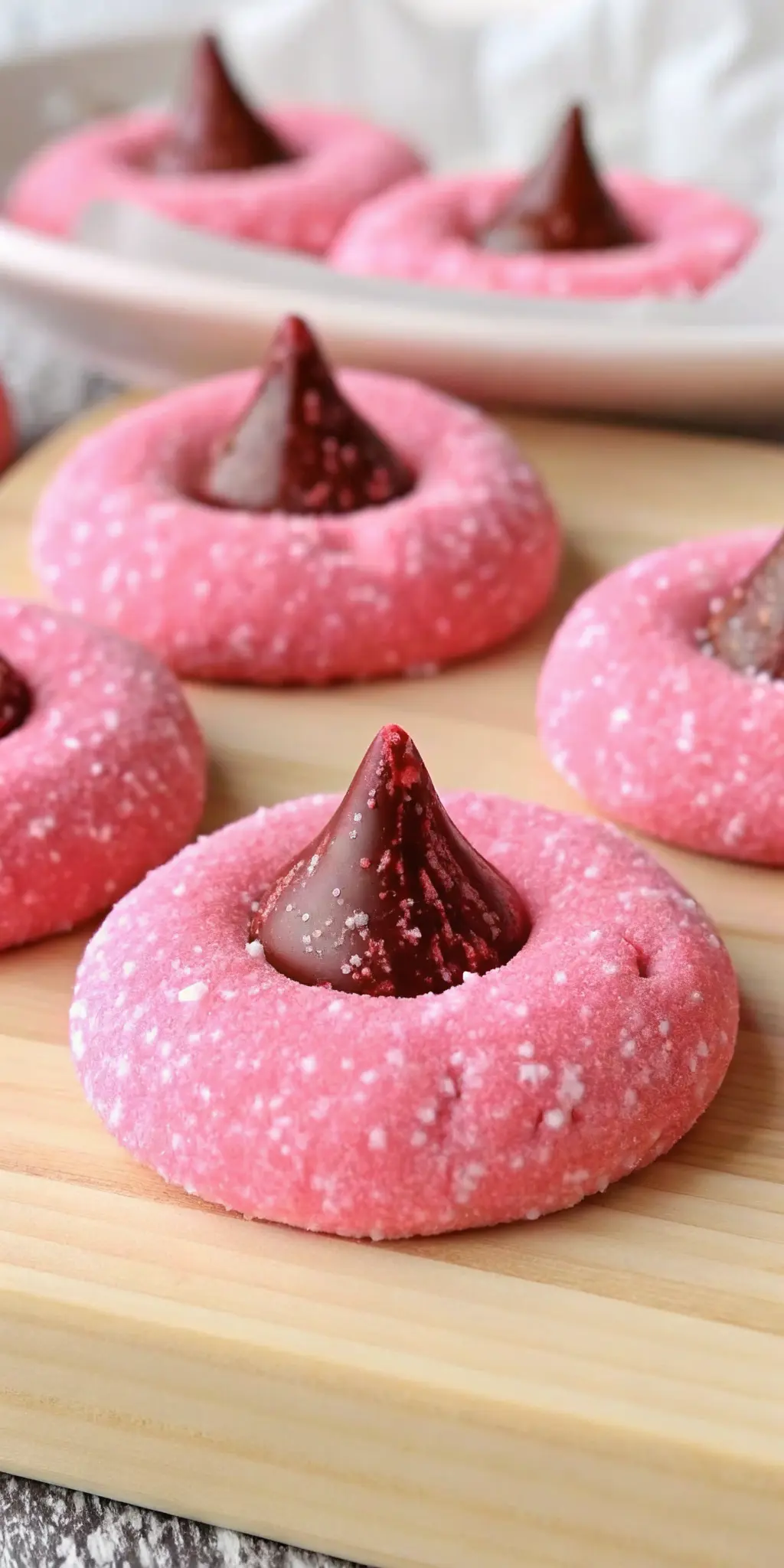 A freshly baked, still warm, vibrant pink Strawberry Kiss Cookie on a white ceramic plate, with a perfectly melted chocolate Hershey's Kiss pressed into its center. The sugary texture is clearly visible. The background shows soft, warm tones of the kitchen, hints of marble, and fresh herbs. (3:4 ratio) NO HANDS OR PEOPLE.