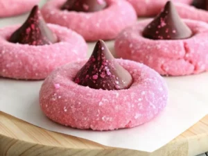 A beautiful spread of pink, round Strawberry Kiss Cookies, generously coated in fine sugar, with a dark chocolate Hershey's Kiss perfectly nestled in the center of each cookie. The cookies are arranged artfully on white parchment paper, which rests on a natural wooden cutting board. The scene is bathed in natural morning light from an east window, casting soft shadows. The background features a hint of marble countertop and delicate fresh herbs, with warm tones and a clean, tidy presentation. (4:3 ratio)