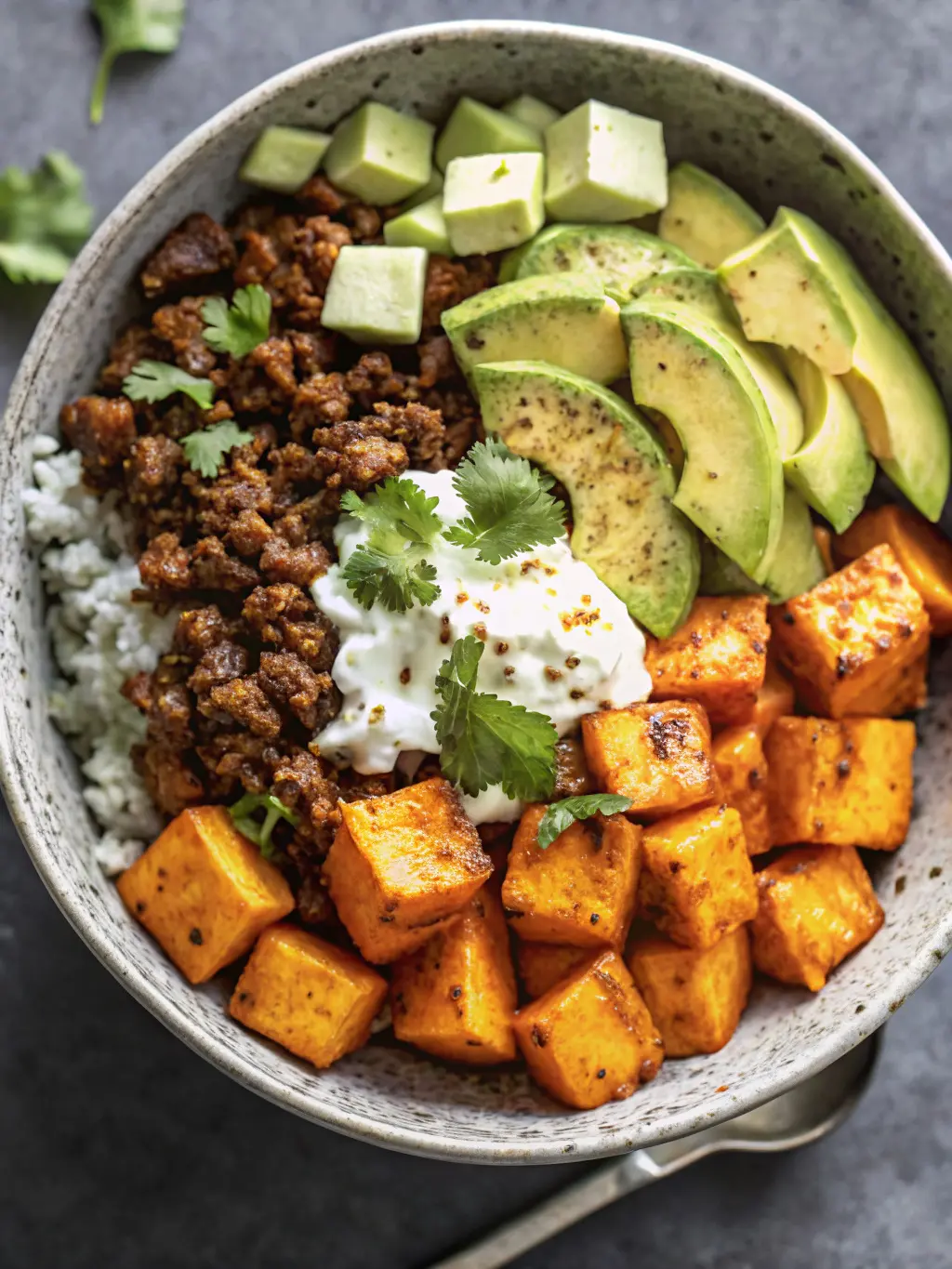 A cozy, slightly elevated side view of the Sweet Potato Taco Bowl in a ceramic bowl on a warm wooden accent board, showing the layers of sweet potatoes, beef, rice, avocado, and cottage cheese. A small cluster of fresh herbs is visible in the soft-focused background, resting on the marble countertop. Natural morning light creates inviting shadows, emphasizing a lived-in kitchen feel, no hands visible.