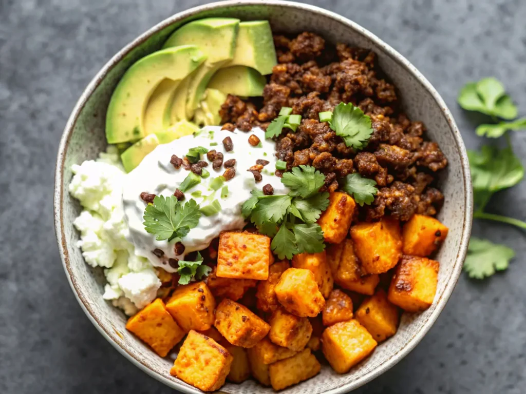 A mouth-watering Sweet Potato Taco Bowl, presented in a minimalist ceramic bowl on a marble countertop. The bowl is filled with golden roasted sweet potato cubes, savory seasoned ground beef, fluffy white rice, creamy sliced avocado, and a dollop of fresh cottage cheese, garnished with vibrant fresh cilantro and a sprinkle of red pepper flakes. Natural morning light from an east window casts soft shadows. The scene is clean and tidy with warm tones, no hands visible.