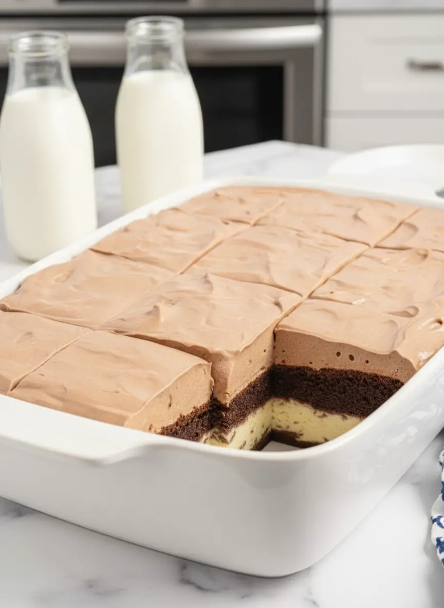 Arrangement of raw ingredients for The Best Italian Love Cake: unsweetened cocoa powder in a ceramic bowl, packages of cream cheese, eggs, flour, and a measuring cup with brewed coffee, all neatly organized on a wooden cutting board on a marble countertop. Natural morning light, soft shadows, warm tones. Fresh herbs in a small pot in the background. No hands or people. (3:4 ratio)