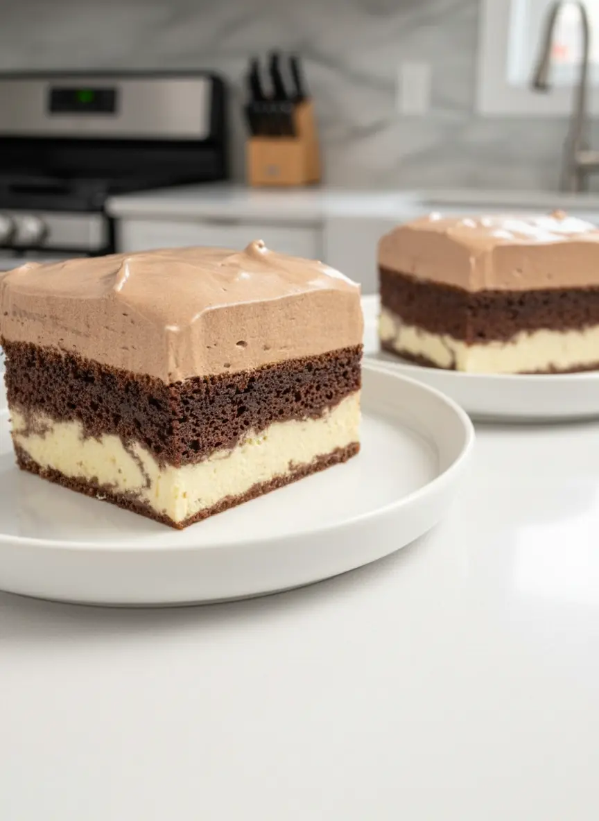 A cake pan with the raw cheesecake batter poured evenly over a baked, cooled dark chocolate cake layer, ready to go into the oven. The smooth texture of the unset cheesecake and the slightly crumbly baked chocolate cake are visible. The scene is on a marble countertop, with a minimalist white ceramic bowl and a whisk nearby. Natural morning light, soft shadows, warm tones. No hands or people. Consistent wooden cutting board visible in the background. (3:4 ratio)
