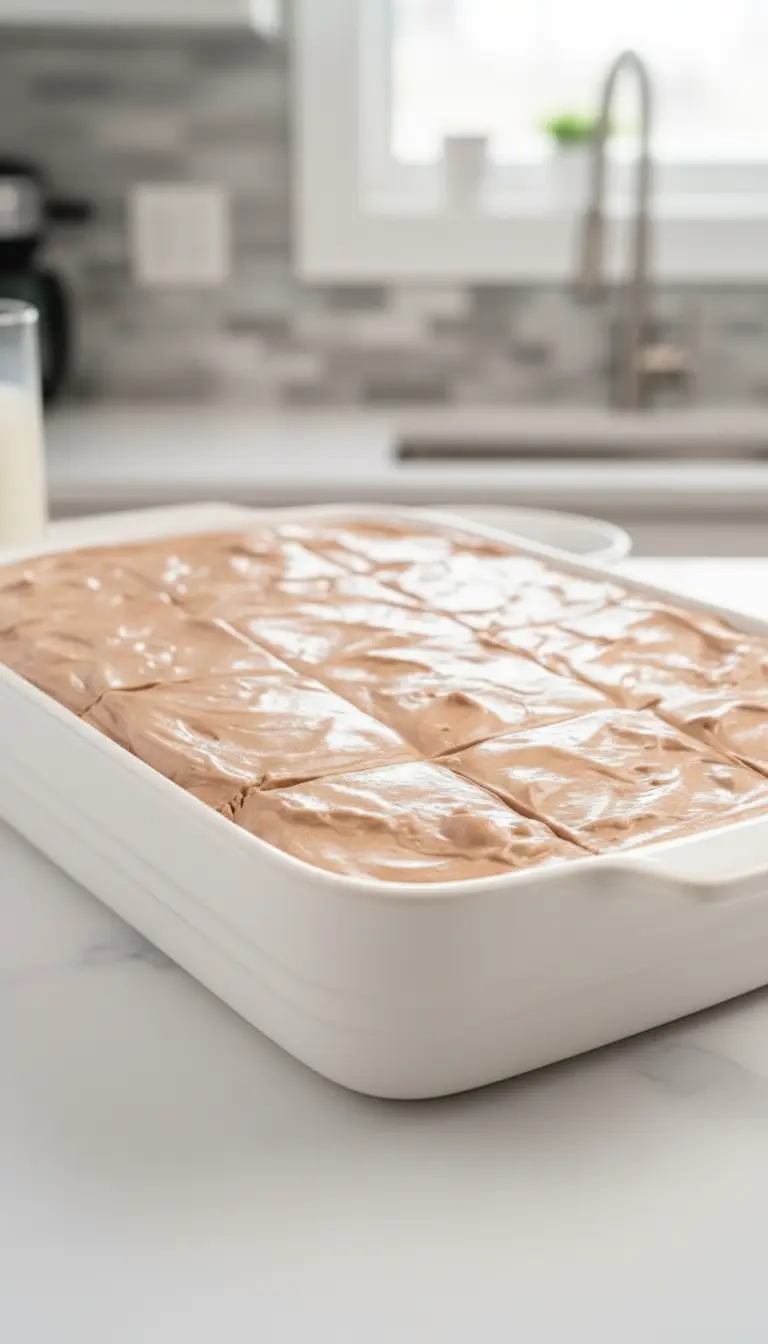 A close-up, slightly angled shot of a square slice of The Best Italian Love Cake on a minimalist white plate. The focus is on the moist texture of the dark chocolate cake layers, the creamy pale yellow cheesecake layer, and the light, airy texture of the light brown chocolate mousse topping, with a delicate swirl on top. Shot on a marble countertop under natural morning light. Soft shadows, warm tones, clean presentation. A small, delicate sprig of fresh mint garnish on the side of the plate. No hands or people. (3:4 ratio)