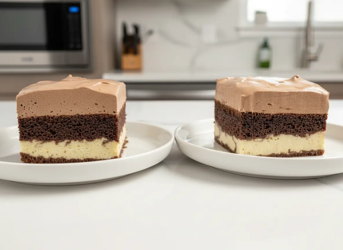 A single square slice of The Best Italian Love Cake on a minimalist white plate, showcasing four distinct layers: a thin dark chocolate cake base, a thick pale yellow cheesecake layer, a thicker dark chocolate cake layer, and a light brown, swirled chocolate mousse topping. The cake is perfectly cut with sharp edges. Shot on a marble countertop with subtle wood accents in the background, bathed in natural morning light from an east window. Soft shadows, warm tones, clean and tidy presentation. No hands or people. Fresh herbs are subtly blurred in the background, consistent wooden cutting board visible. (4:3 ratio)