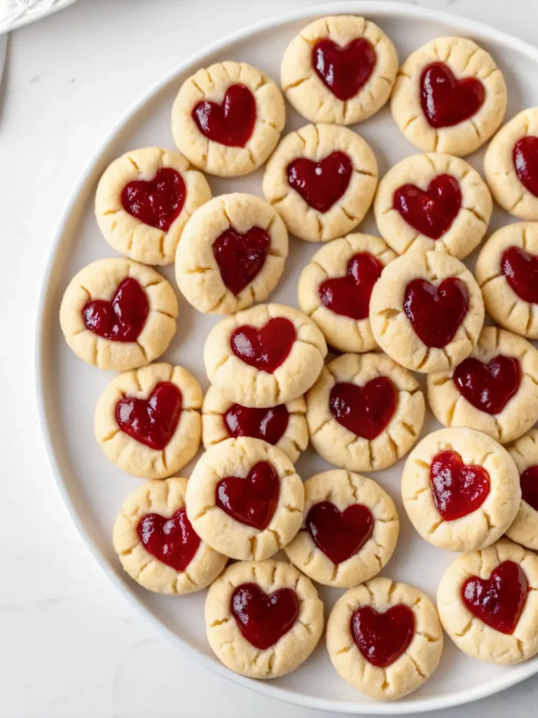 Thumbprint Heart Cookies Recipe A close-up of a minimalist white ceramic bowl containing softened unsalted butter, granulated sugar, a separated egg yolk, and a vanilla extract bottle, with a small jar of vibrant red raspberry jam and a heart-shaped cookie cutter on a wooden cutting board on a marble countertop. Natural morning light creates soft shadows. (3:4 ratio). NO HANDS OR PEOPLE.