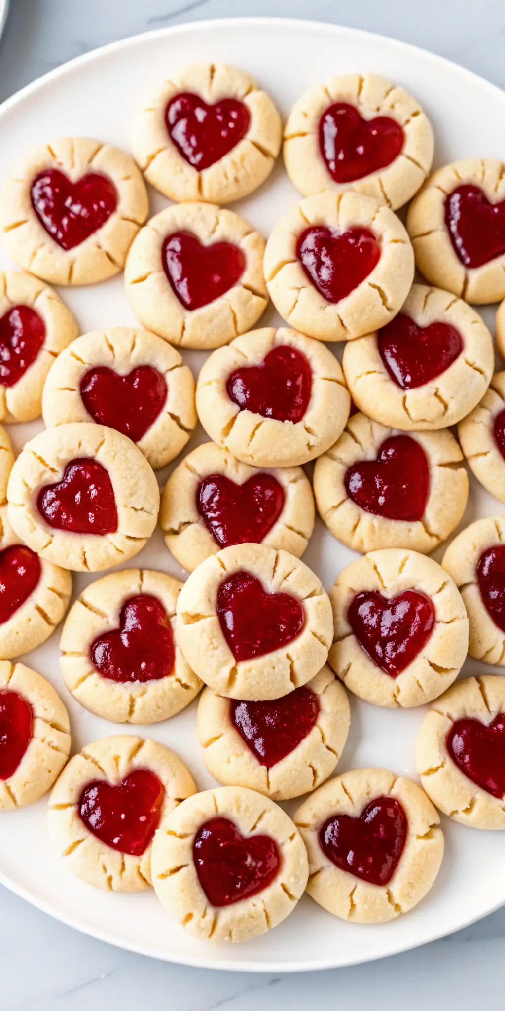 A stack of perfectly baked light-colored round thumbprint cookies on a cooling rack, with some having glossy, vibrant red raspberry jam in their heart indentations. A few loose fresh raspberries are scattered nearby. The focus is on the tender texture of the cookie and the glistening jam. The backdrop features a wood accent and fresh herbs, with natural morning light. (3:4 ratio). NO HANDS OR PEOPLE.
