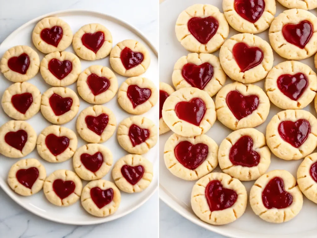 A top-down shot of numerous light-colored round thumbprint cookies, each featuring a perfectly formed heart-shaped indentation filled with glossy, vibrant red raspberry jam. The cookies have a slightly crinkled, tender-looking edge. They are neatly arranged on a minimalist white ceramic plate, placed on a clean marble countertop. The scene is bathed in natural morning light from an east window, casting soft shadows. A hint of wood accent is visible in the background, along with subtle fresh herbs. The overall tone is warm and inviting, clean and tidy (4:3 ratio). NO HANDS OR PEOPLE.