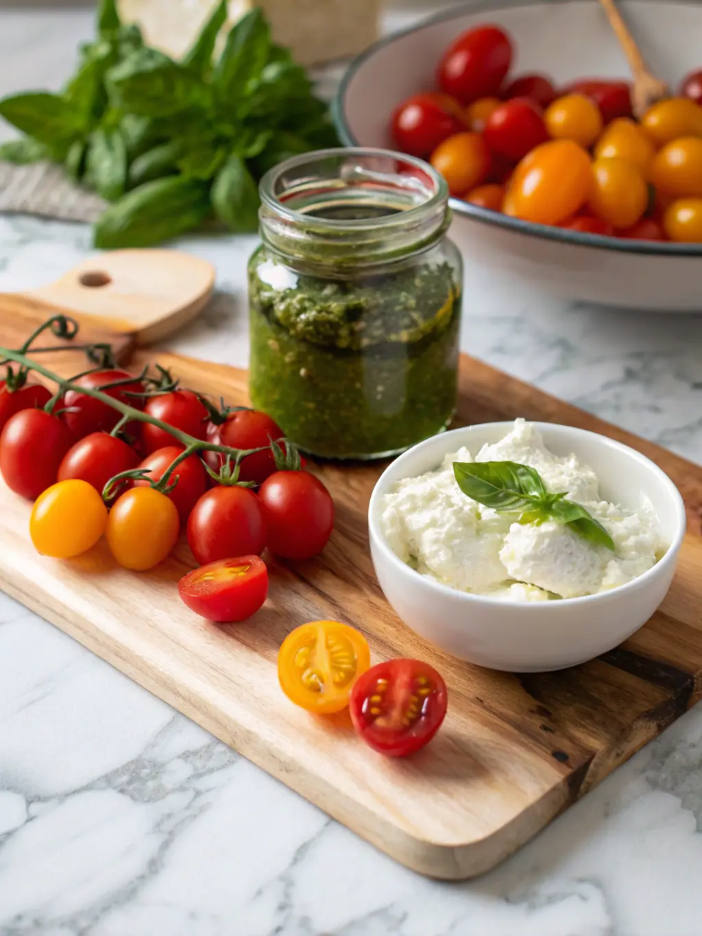 A close-up, appetizing shot of fresh, whole cherry tomatoes (red and yellow), a jar of vibrant green basil pesto, and a bowl of creamy white ricotta cheese artfully arranged on a wooden cutting board on a marble countertop, with fresh basil sprigs visible in soft focus in the background. Natural morning light creates gentle shadows and highlights the ingredients. No hands visible.