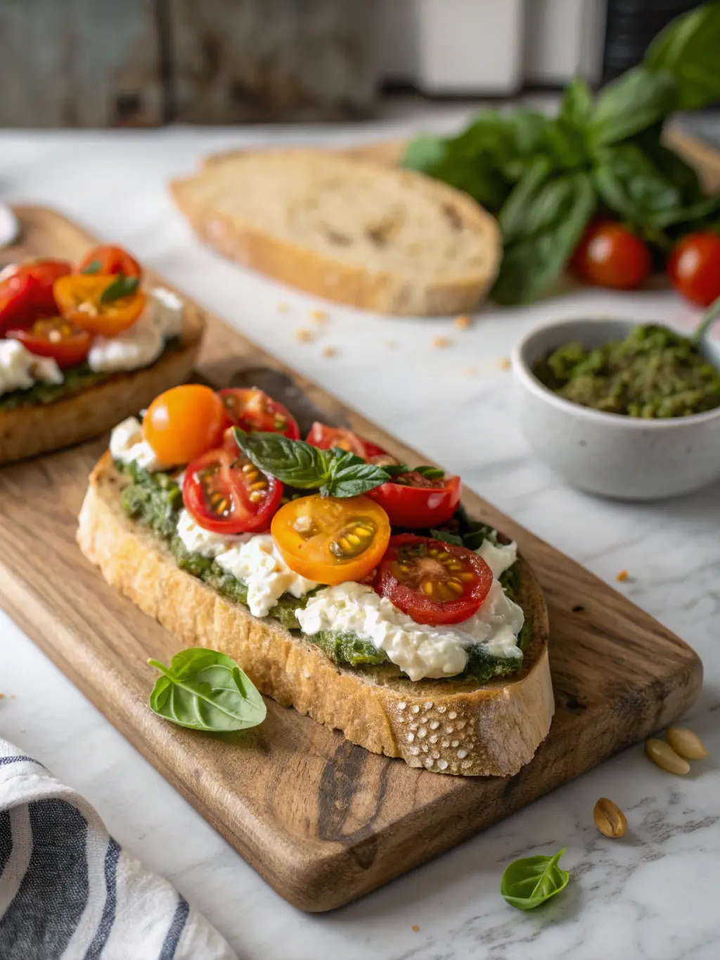 A cozy, slightly angled side view of a serving of Tomato Crostini with Pesto and Ricotta on a rustic wooden board, positioned on a marble countertop. The image highlights the layers of crisp baguette, rich green pesto, and substantial dollops of creamy ricotta, topped with colorful cherry tomatoes and fresh basil. Soft shadows and warm tones create an inviting, lived-in kitchen atmosphere, with fresh herbs subtly in the background. No hands visible.