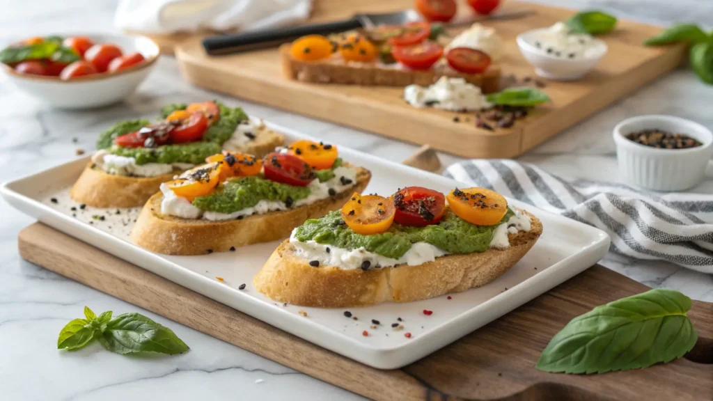 A beautifully arranged platter of Tomato Crostini with Pesto and Ricotta on minimalist white ceramic plates on a marble countertop with soft natural morning light. Each crostini features perfectly toasted baguette, a layer of vibrant green basil pesto, generous dollops of creamy white ricotta, and a colorful mix of red and orange halved cherry tomatoes, some sprinkled with dark specks of pepper. Fresh basil leaves are scattered around for garnish, and a wooden cutting board is subtly visible in the background, all bathed in warm tones and soft shadows. No hands visible.