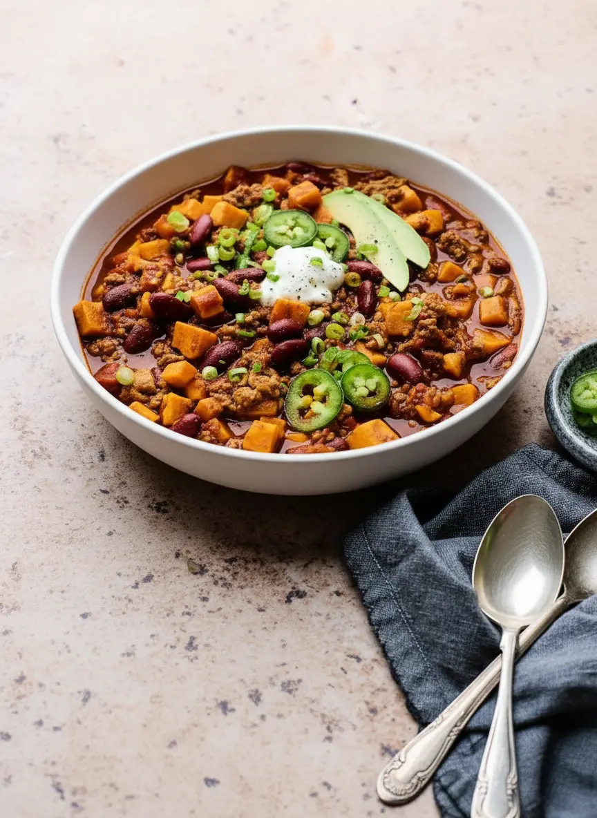 A 3:4 ratio shot of fresh ingredients for Turkey Sweet Potato Chili arranged artfully on a light marble countertop. Visible ingredients include raw ground turkey in a bowl, a large sweet potato (whole and diced on the same wooden cutting board), a red bell pepper, an onion, fresh garlic cloves, cans of diced tomatoes and kidney beans. A small bunch of fresh green herbs (like cilantro or parsley) is in a rustic ceramic vase in the background. Natural morning light from an east window creates soft shadows, warm tones, and a clean, tidy presentation. No hands or people.