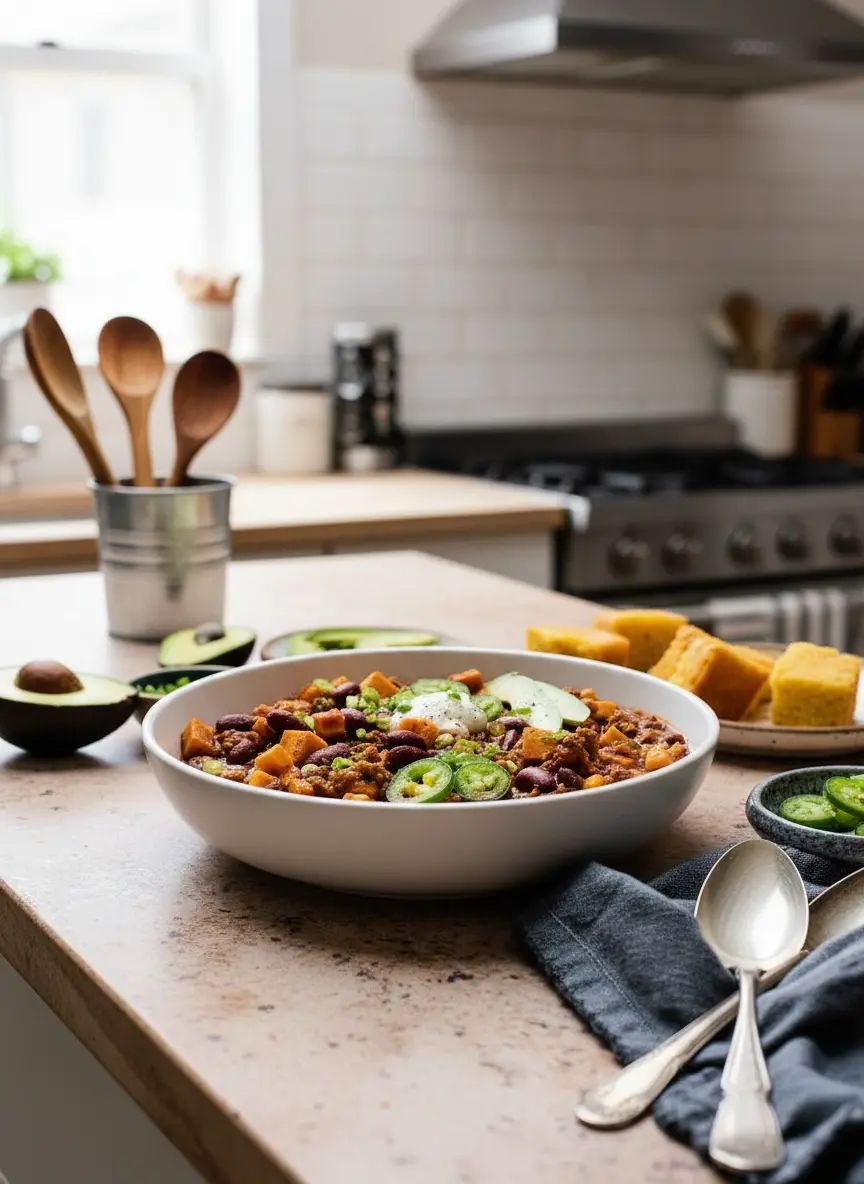 A 3:4 ratio shot of the Turkey Sweet Potato Chili simmering gently in a rustic, deep blue ceramic Dutch oven or pot on a minimalist stovetop. The chili is rich and bubbling, showing the texture of the ground turkey, kidney beans, and partially cooked, cubed sweet potatoes immersed in the rich red sauce. Steam is subtly rising. The shot emphasizes the cooking process with natural morning light, soft shadows, and warm tones on a clean marble countertop, with a wood accent visible nearby. No hands or people.
