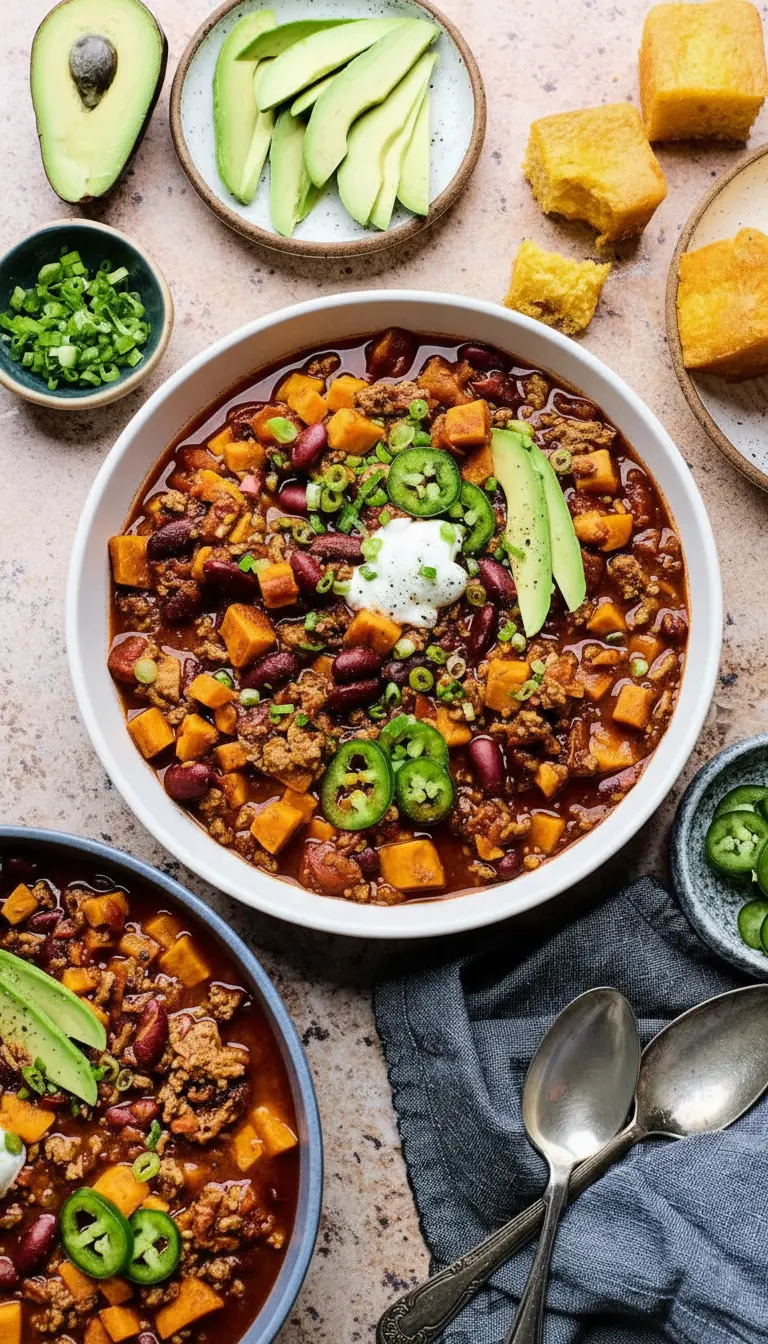 A close-up, inviting 3:4 ratio shot of a ceramic bowl filled with Turkey Sweet Potato Chili, highlighting the textures of the sweet potatoes, beans, and ground turkey. It's beautifully garnished with a swirl of white sour cream, fresh bright green avocado slices, chopped green onions, and vibrant green jalapeño rings. The chili has a rich, deep red color. The bowl sits on a light marble countertop, with a hint of a dark blue-grey linen napkin and a golden cornbread square blurred softly in the background. Natural morning light provides warmth and soft shadows. No hands or people.