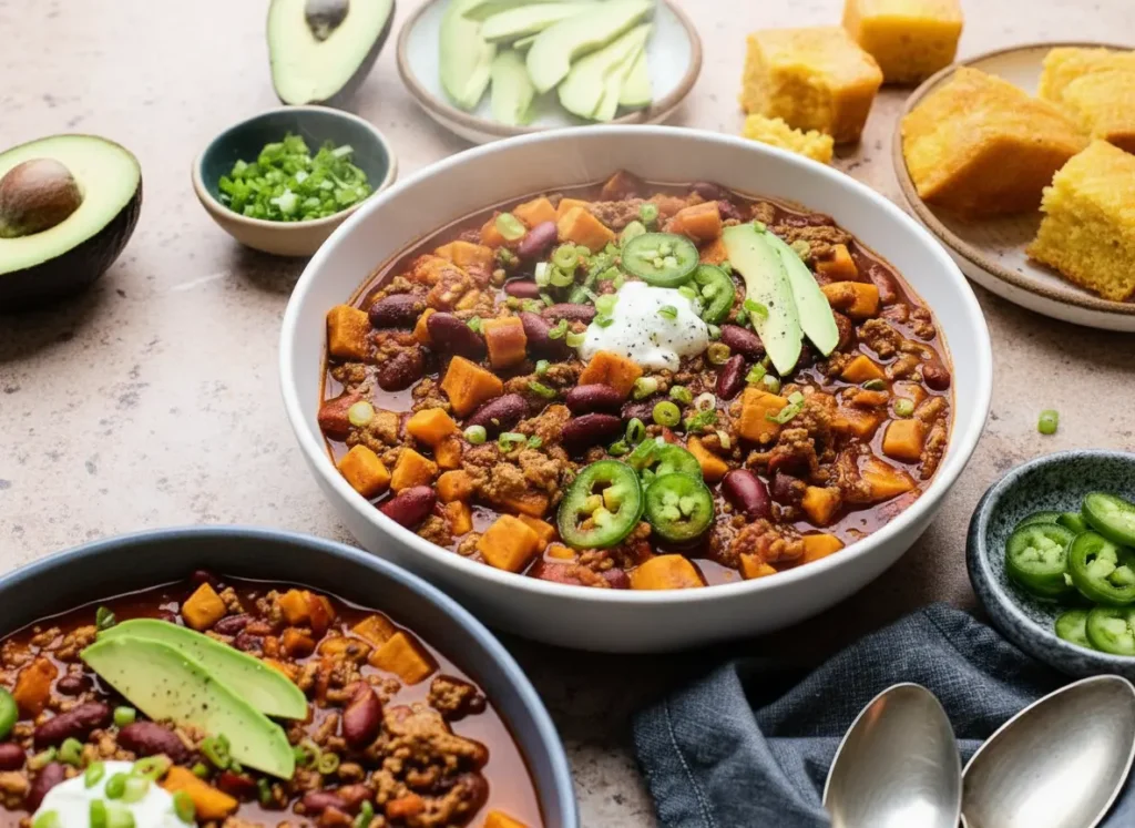 A beautifully styled 4:3 ratio hero shot of a deep blue-grey ceramic bowl filled with vibrant Turkey Sweet Potato Chili. The chili is rich red-brown, densely packed with chunks of orange sweet potato, dark red kidney beans, and ground turkey. It is generously garnished with a dollop of white sour cream, fresh green sliced avocado, bright green chopped green onions, and thinly sliced vibrant green jalapeños. A side plate holds golden, square cornbread pieces, some broken, and a small bowl of extra sliced jalapeños. Another small bowl of chopped green onions is also visible. The scene is set on a light marble countertop with a dark blue-grey linen napkin and two vintage silver spoons. Natural morning light streams from an east window, casting soft shadows and highlighting warm tones. No hands or people.